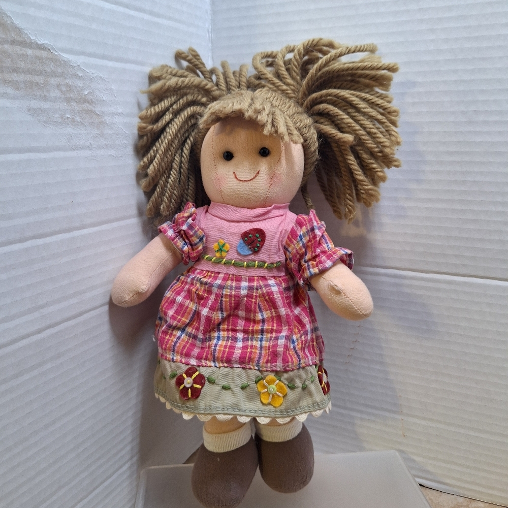 Kathe Wohlfahrt Small Soft Doll Yarn Hair Floral Plaid Dress 10.5"